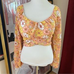 Madden NYC Long Sleeve, Tie Back, Orange Yellow White  Floral Crop Top Size XXL